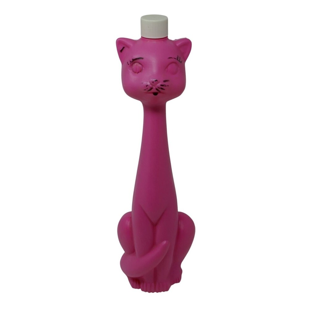 Tico Toys 1960s Pink Plastic Cat Bubble Bath Blow Mold Empty Bottle Bank